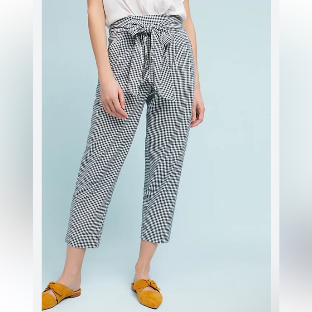 Cartonnier by Anthropologie Tie-Waist Gingham Trousers Pleats High Waist Size 4